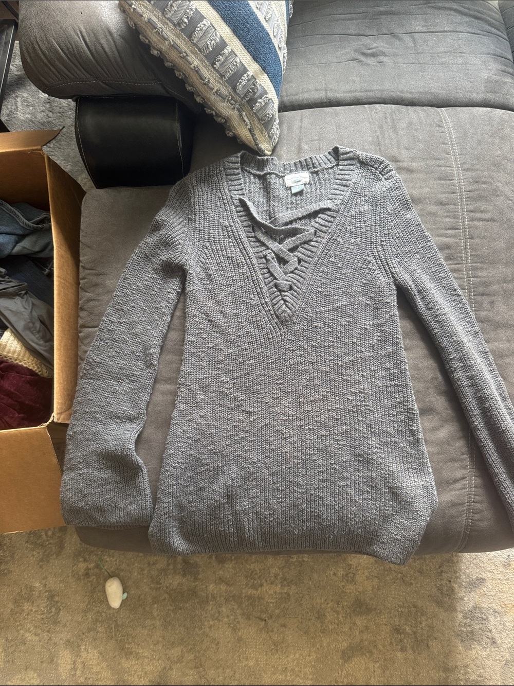 Old Navy Gray Lace-Up V-Neck Knit Sweater